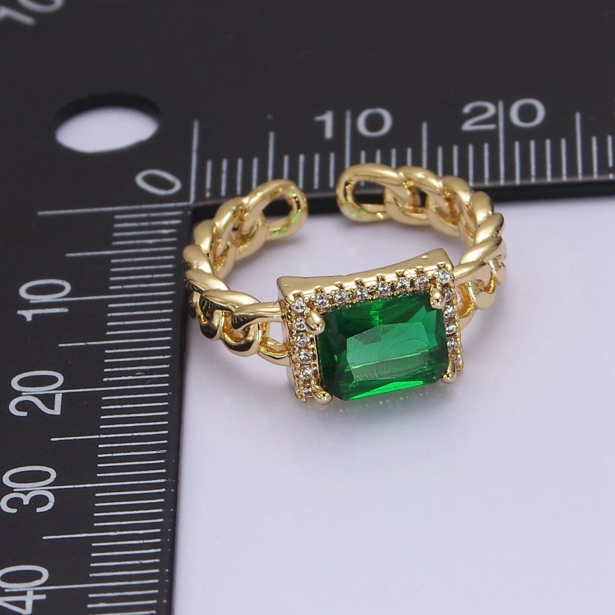 Chunky Emerald Green Cz Stone Ring in 18k Gold plated Curb Chain Link Band Open Adjustable O-2080 - DLUXCA