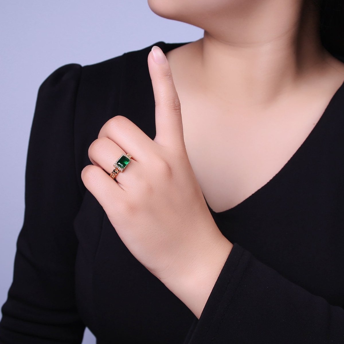 Chunky Emerald Green Cz Stone Ring in 18k Gold plated Curb Chain Link Band Open Adjustable O-2080 - DLUXCA