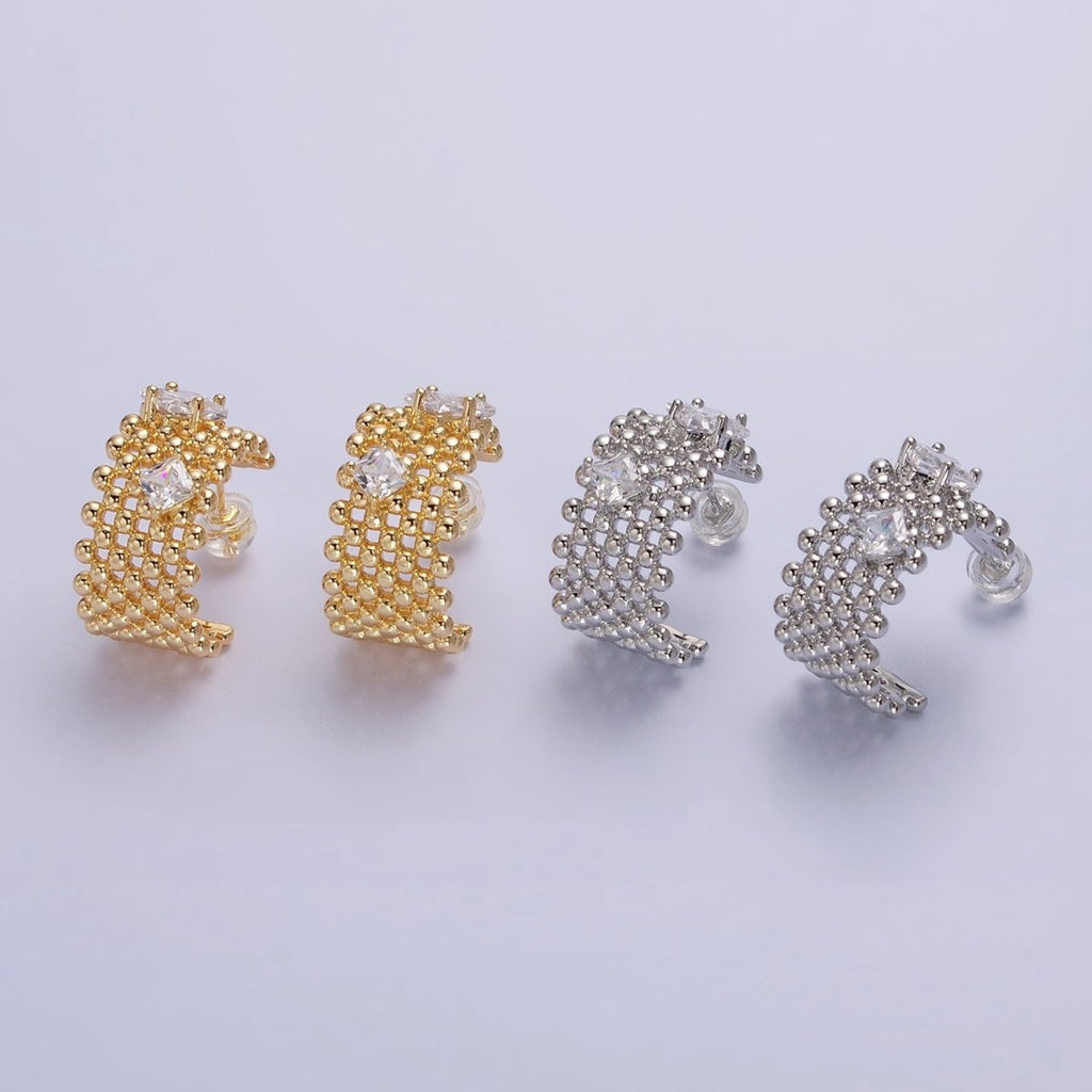 Chunky Gold Beaded Hoop with Clear Rhombus Cz Stone Earring AB598 AB976 - DLUXCA