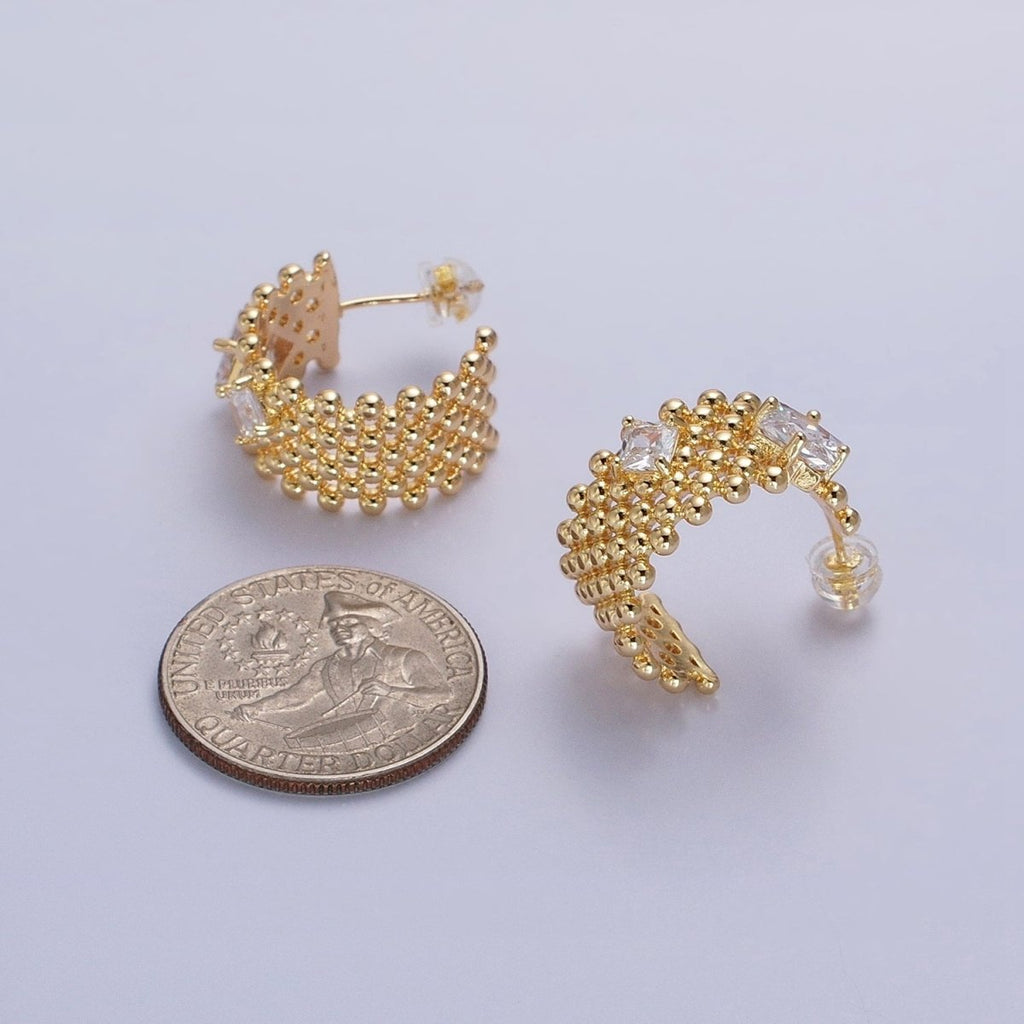 Chunky Gold Beaded Hoop with Clear Rhombus Cz Stone Earring AB598 AB976 - DLUXCA
