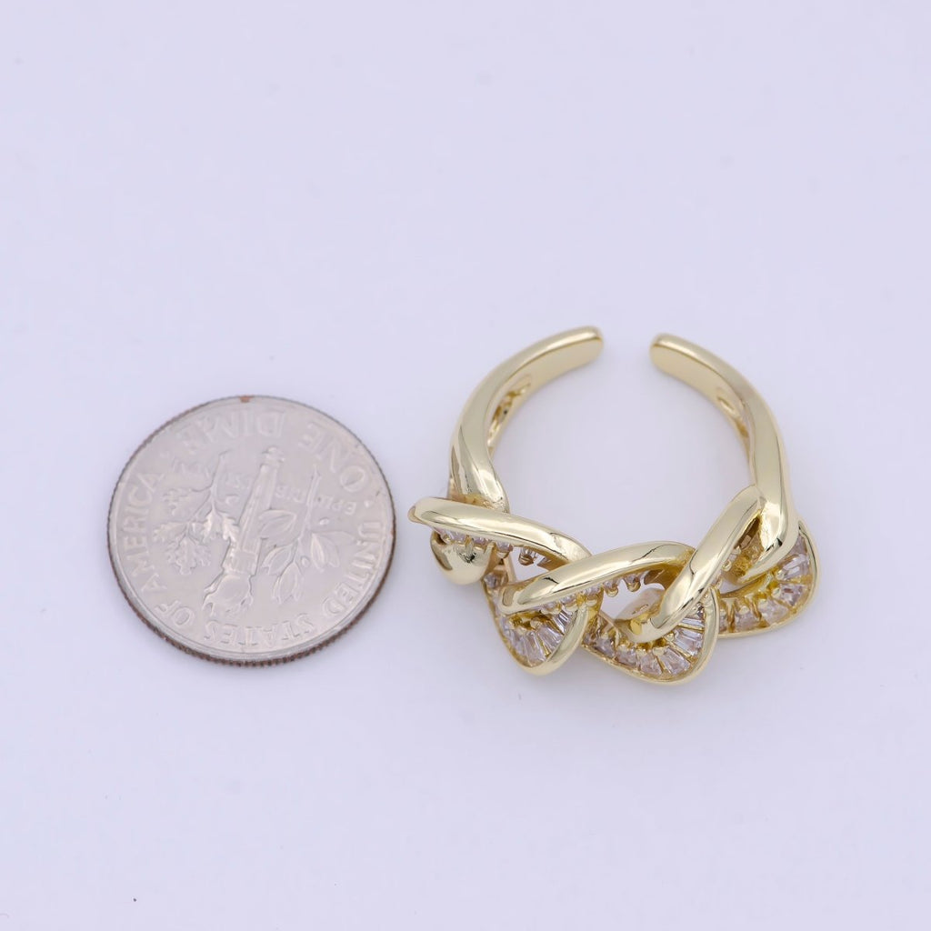 Chunky Gold Cable Link Ring Clear Cz Ring Open Adjustable Jewelry S-378 - DLUXCA