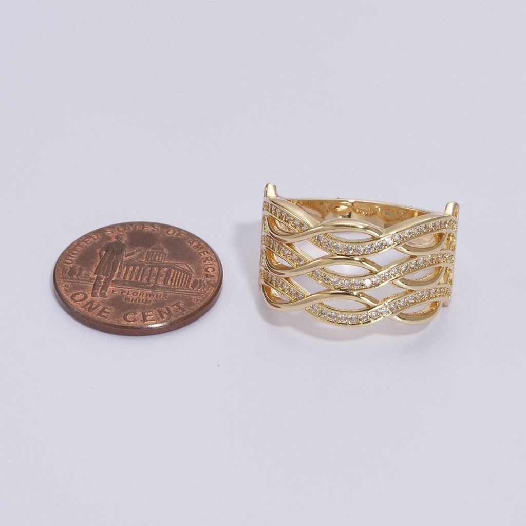 Chunky Gold Swirl Lines Ring CZ Statement Jewelry Crossover Ring U-109~U-112 - DLUXCA