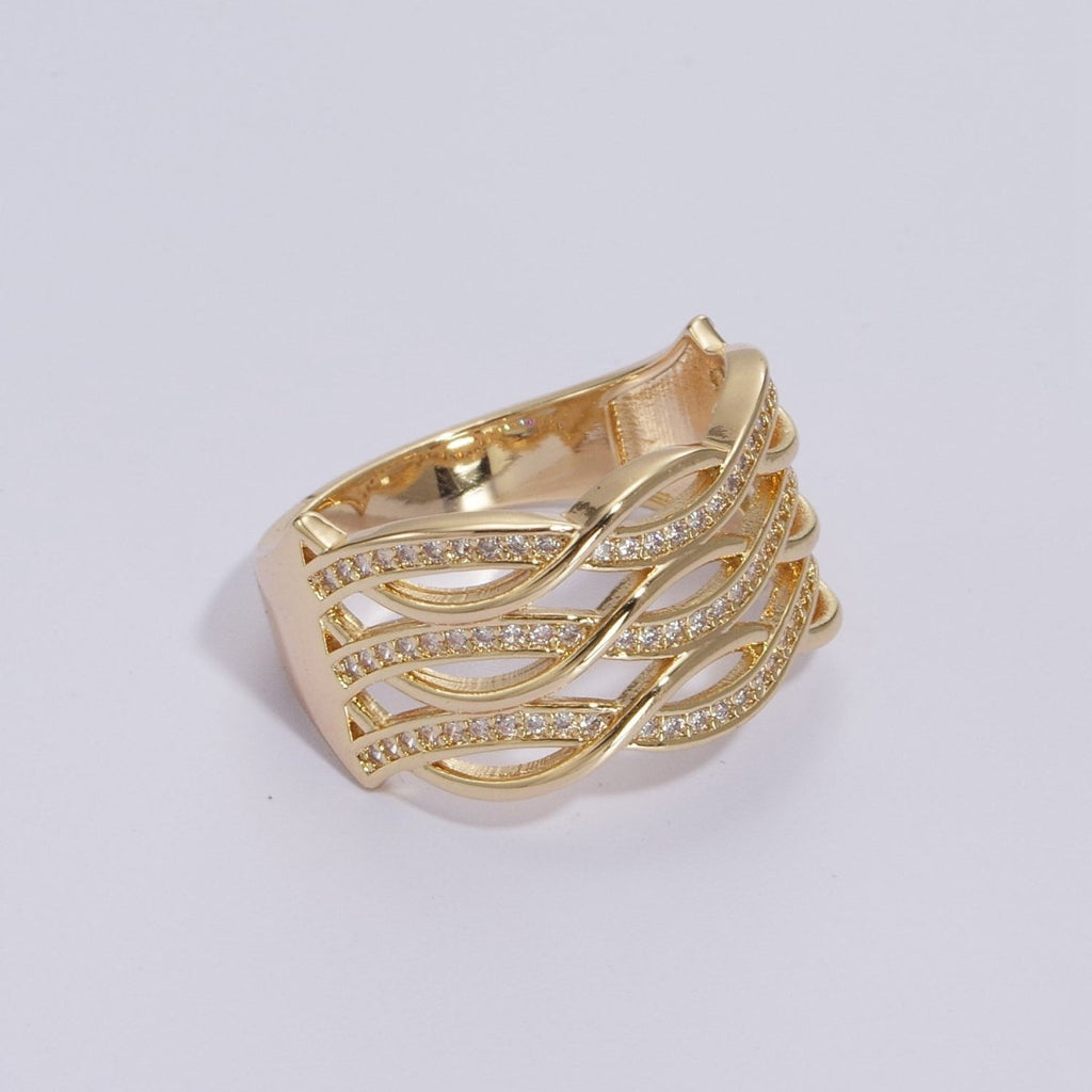 Chunky Gold Swirl Lines Ring CZ Statement Jewelry Crossover Ring U-109~U-112 - DLUXCA