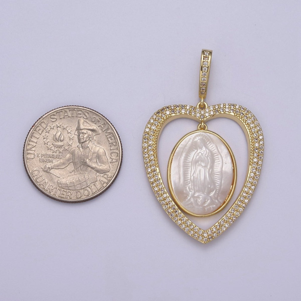 Chunky Heart Iced Out Pendant with Pearl Lady Guadalupe Charm for Statement Religious Jewelry Making H-507 - DLUXCA