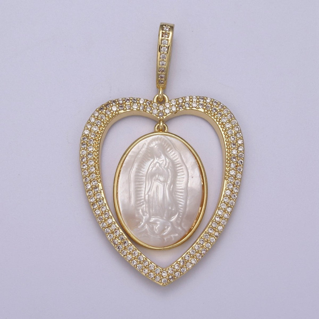 Chunky Heart Iced Out Pendant with Pearl Lady Guadalupe Charm for Statement Religious Jewelry Making H-507 - DLUXCA