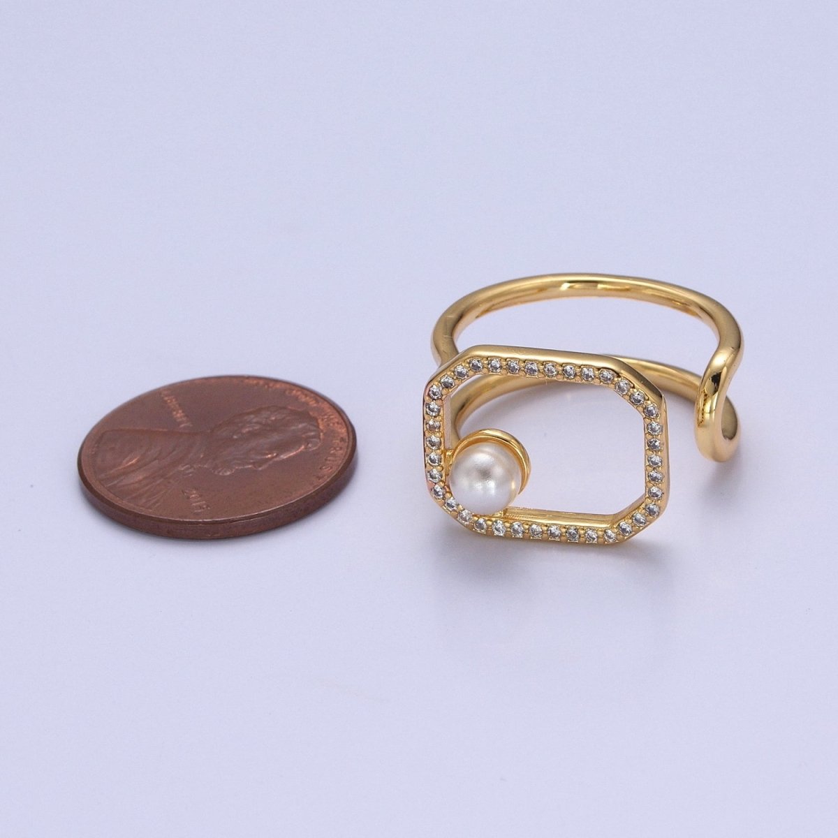 Chunky Square CZ Ring with Pearl Double Band Ring Open Adjustable O-2138 - DLUXCA
