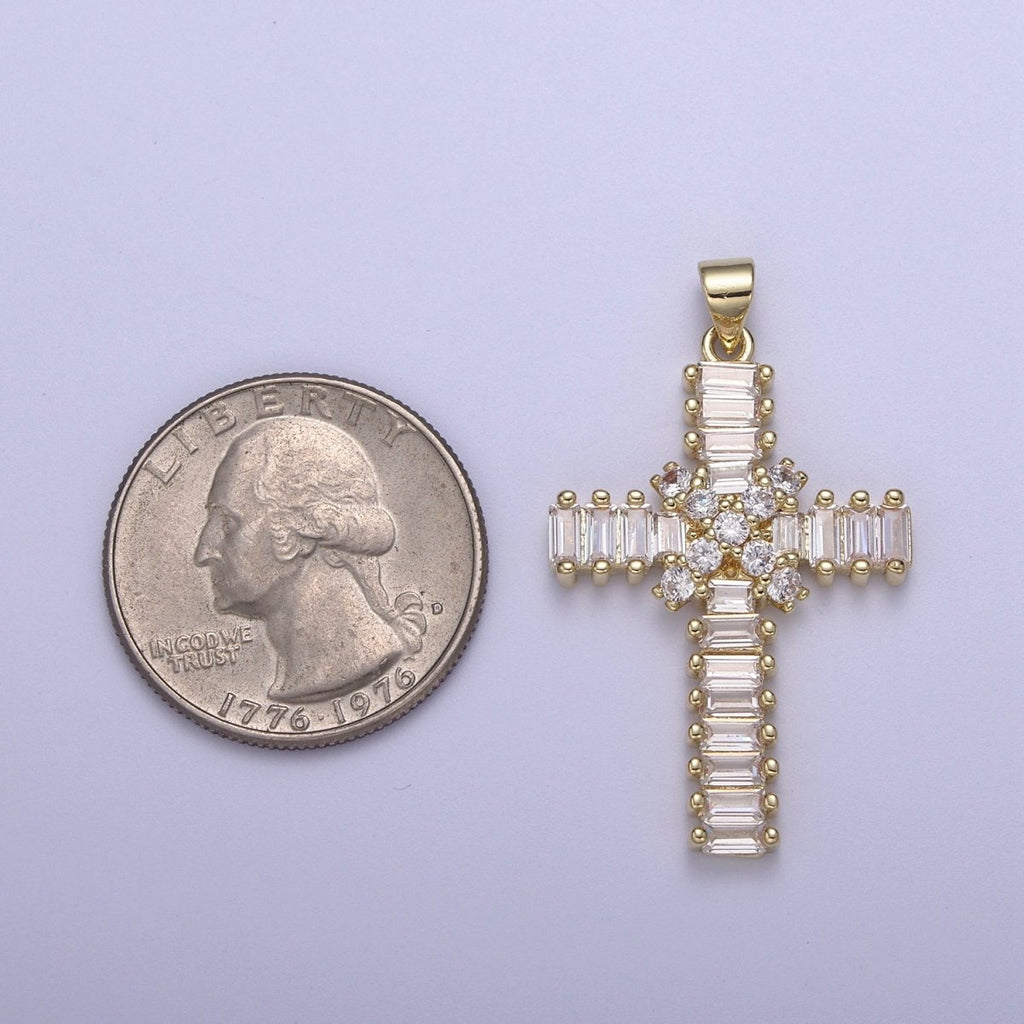 Clear Baguette Cubic Zirconia Cross Pendant, 14K Gold plated Christian Catholic Supply For DIY Jewelry Making H-777 - DLUXCA