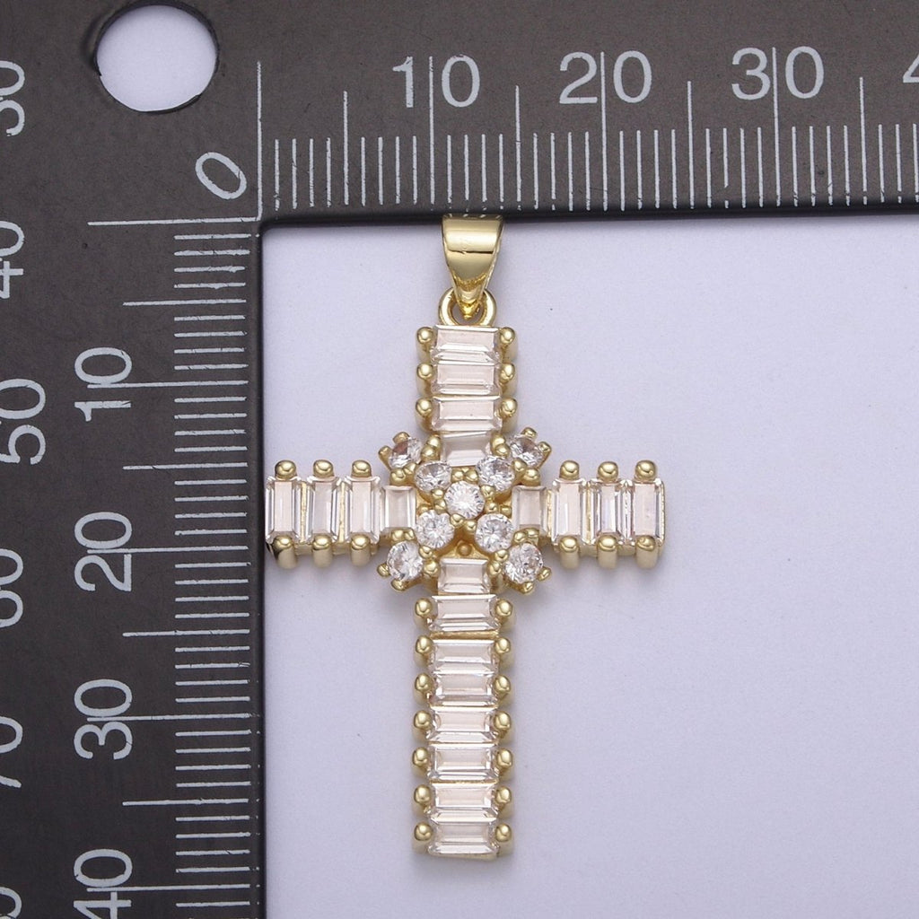 Clear Baguette Cubic Zirconia Cross Pendant, 14K Gold plated Christian Catholic Supply For DIY Jewelry Making H-777 - DLUXCA