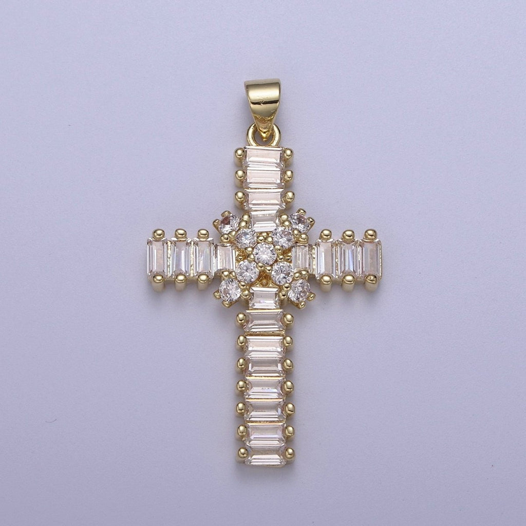 Clear Baguette Cubic Zirconia Cross Pendant, 14K Gold plated Christian Catholic Supply For DIY Jewelry Making H-777 - DLUXCA