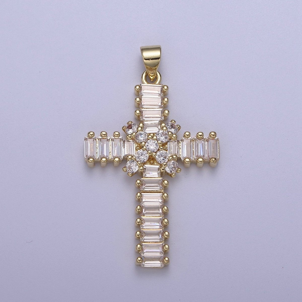 Clear Baguette Cubic Zirconia Cross Pendant, 14K Gold plated Christian Catholic Supply For DIY Jewelry Making H-777 - DLUXCA