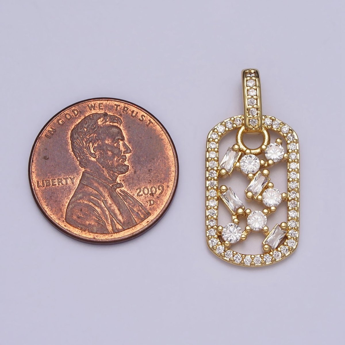 Clear Baguette Round CZ Open Micro Paved Rectangular Tag Pendant | AA080 - DLUXCA