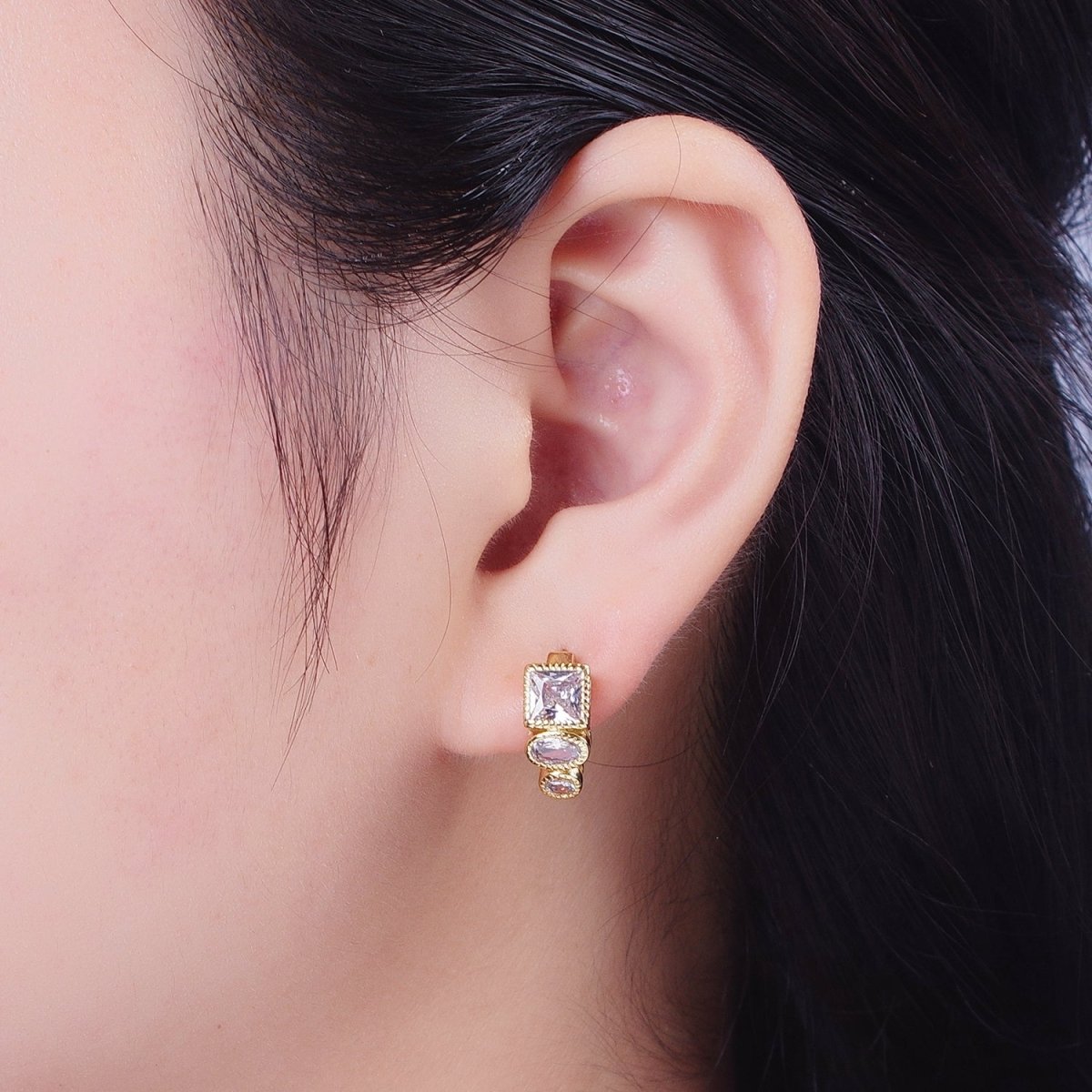 Clear Cubic Zirconia Triple Round Oval Square 14mmx15.8mm Huggie Hoop Earrings | X-854 - DLUXCA