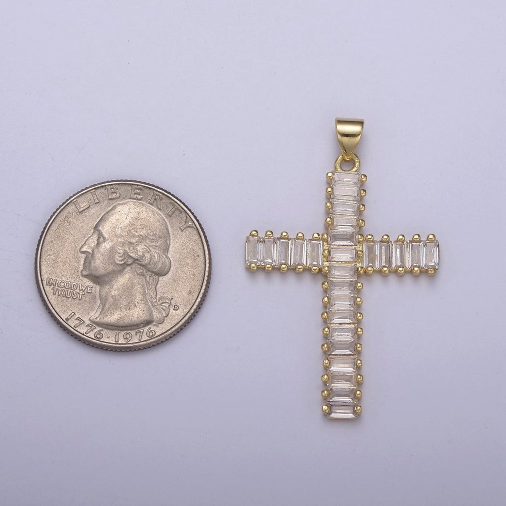 Clear Cz Baguette Cross pendant IN 24K Gold plated N-539 - DLUXCA