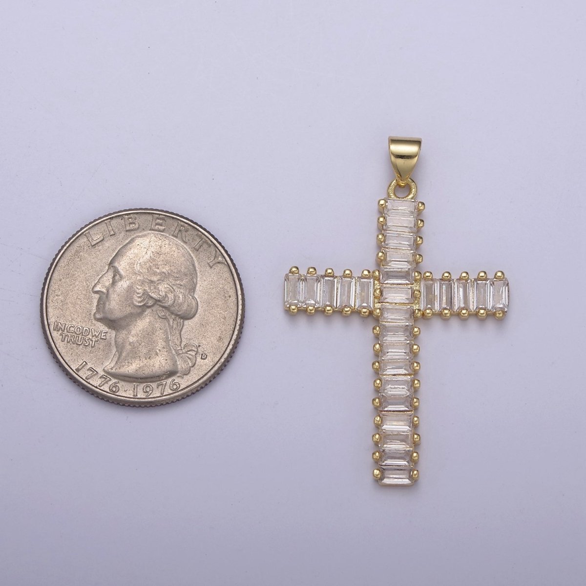 Clear Cz Baguette Cross pendant IN 24K Gold plated N-539 - DLUXCA