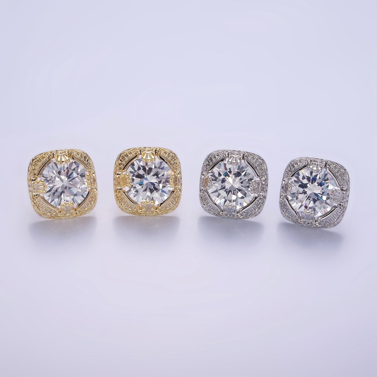 Clear CZ Bezel Rounded Square Stud Earrings in Gold & Silver | V528 V529