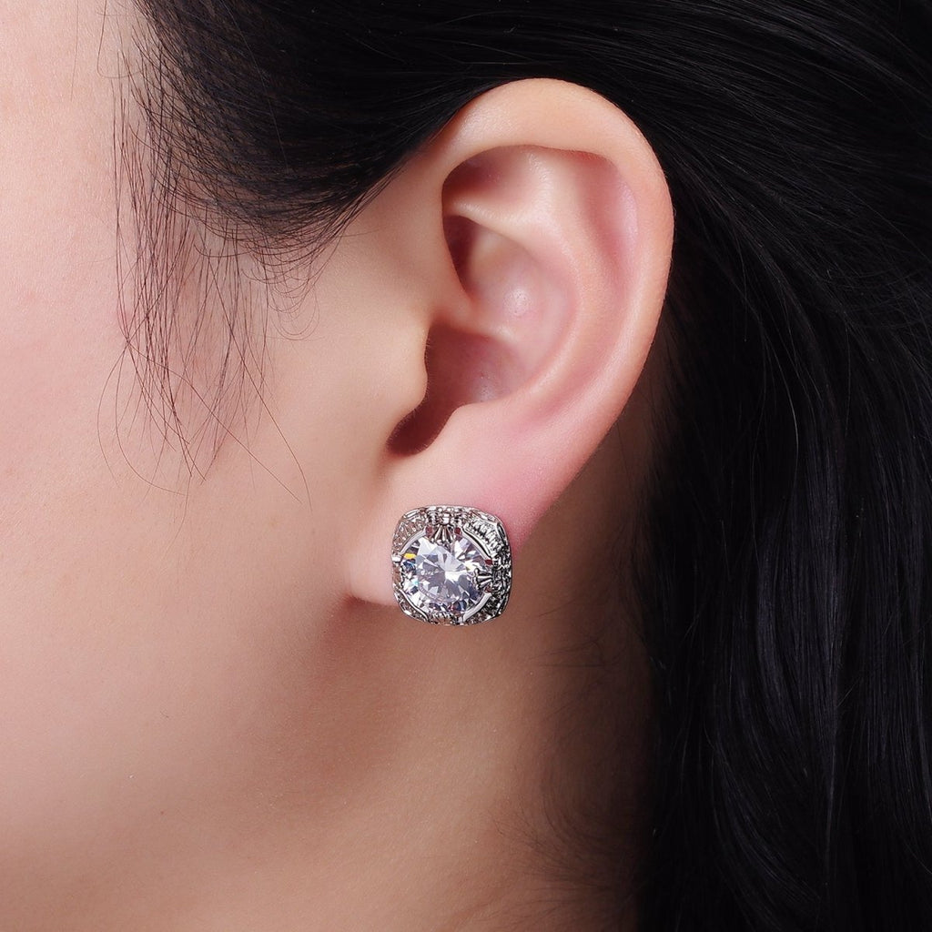Clear CZ Bezel Rounded Square Stud Earrings in Gold & Silver | V528 V529
