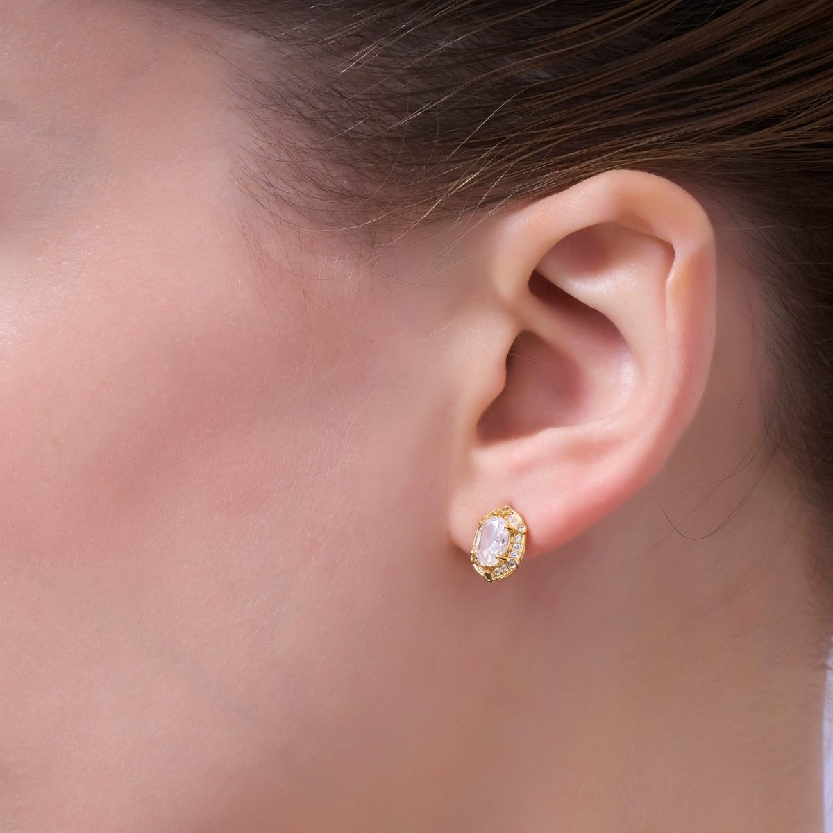 Clear CZ Dotted Encircle Oval Stud Earrings in Gold & Silver | AB1500 AB1551 