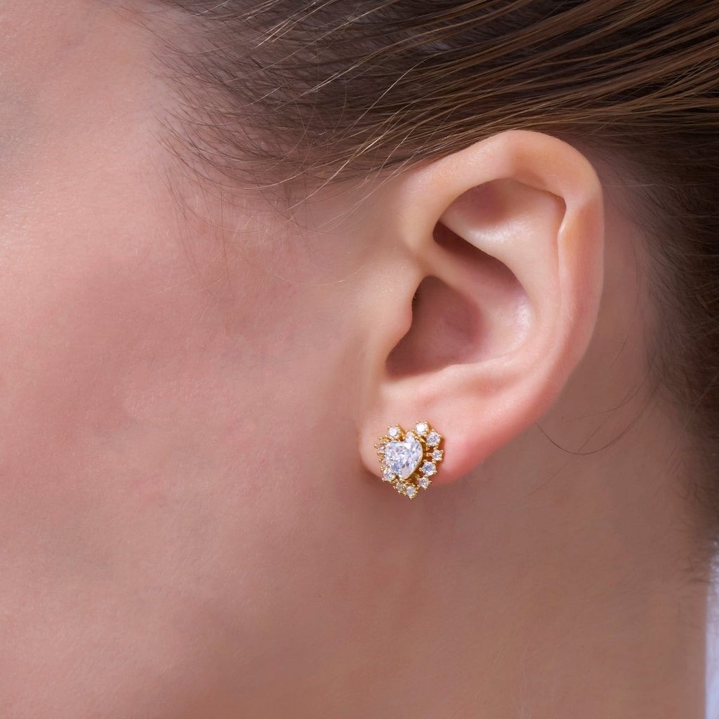 Clear CZ Encircle Heart Stud Earrings in Gold & Silver | AE981 AE1008 