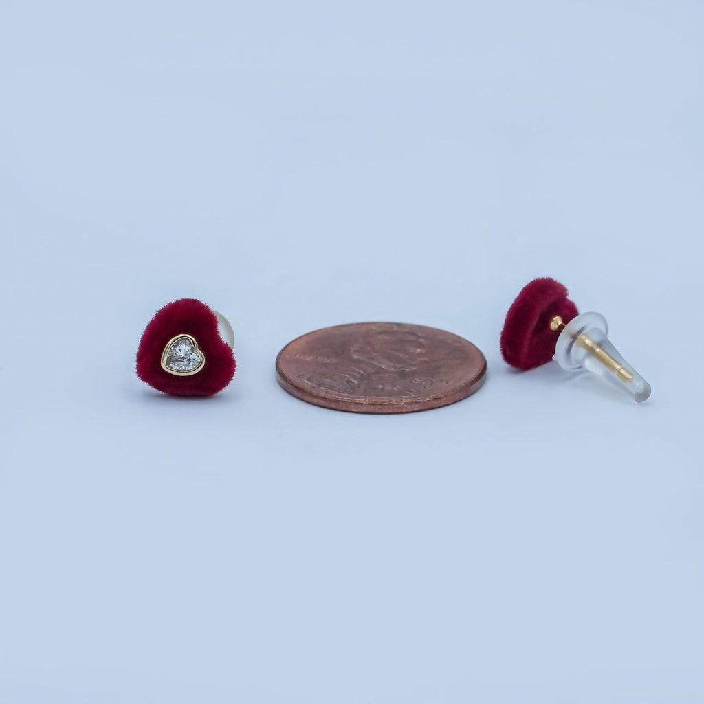 Clear CZ Heart Red Fleece Heart Stud Earrings in Gold & Silver | AD1513 AD1515 - DLUXCA