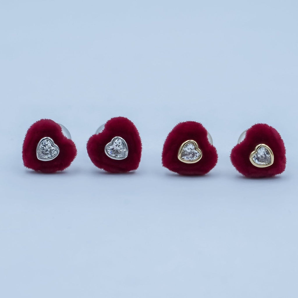 Clear CZ Heart Red Fleece Heart Stud Earrings in Gold & Silver | AD1513 AD1515 - DLUXCA