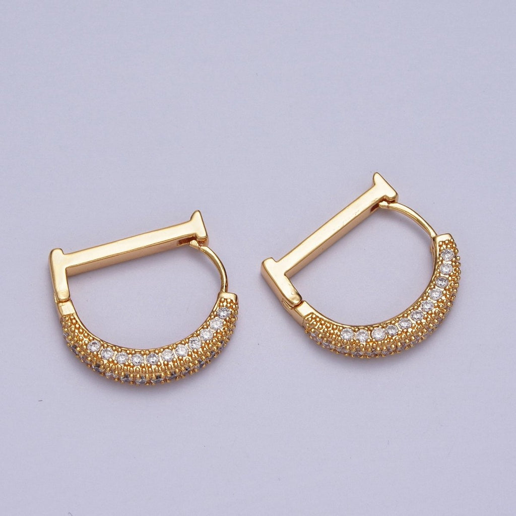 Clear CZ Micro Paved Geometric D-Shaped Gold Huggie Earrings | AB001 - DLUXCA