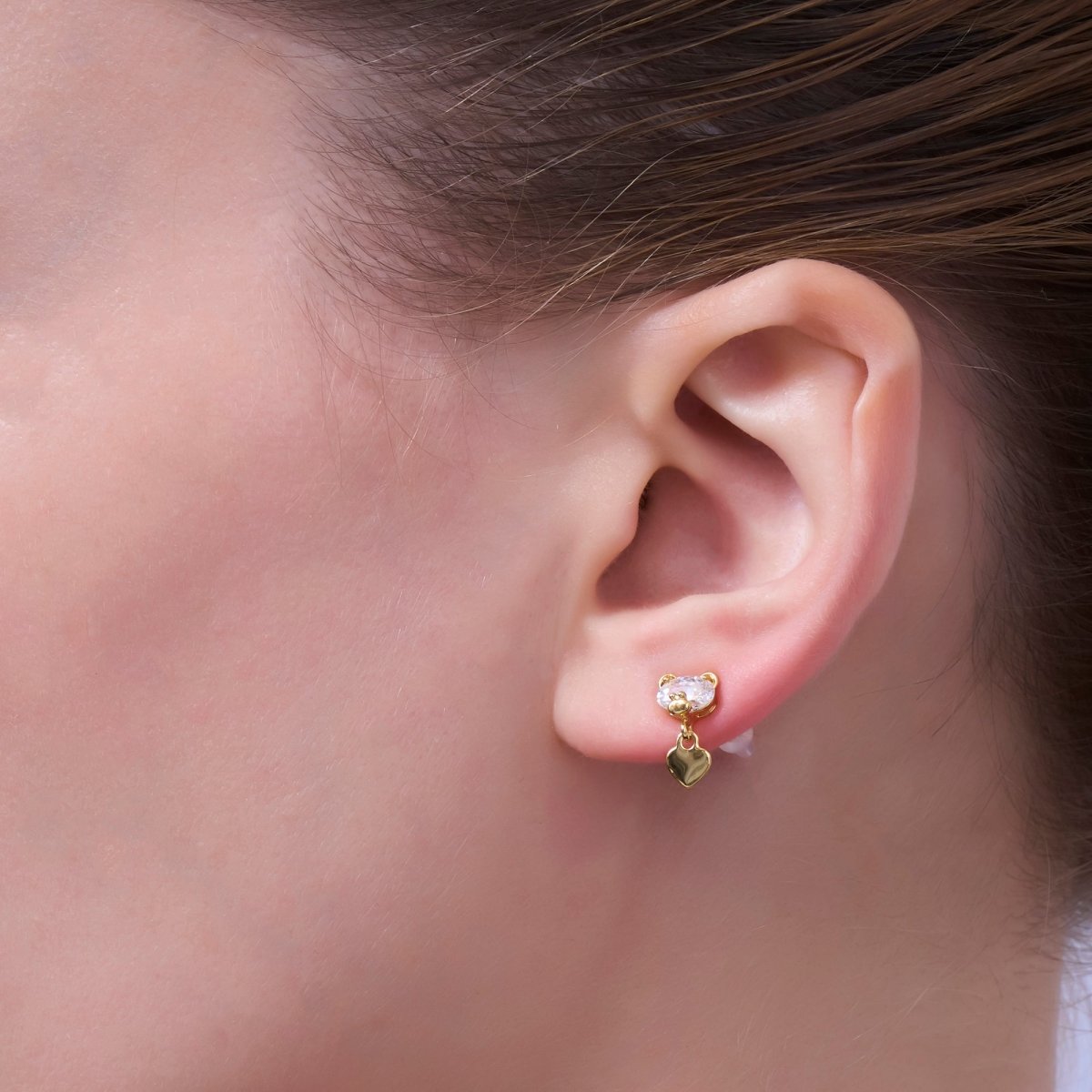 Clear CZ Teddy Bear Heart Drop Stud Earrings in Gold & Silver | AD1468 AD1498 