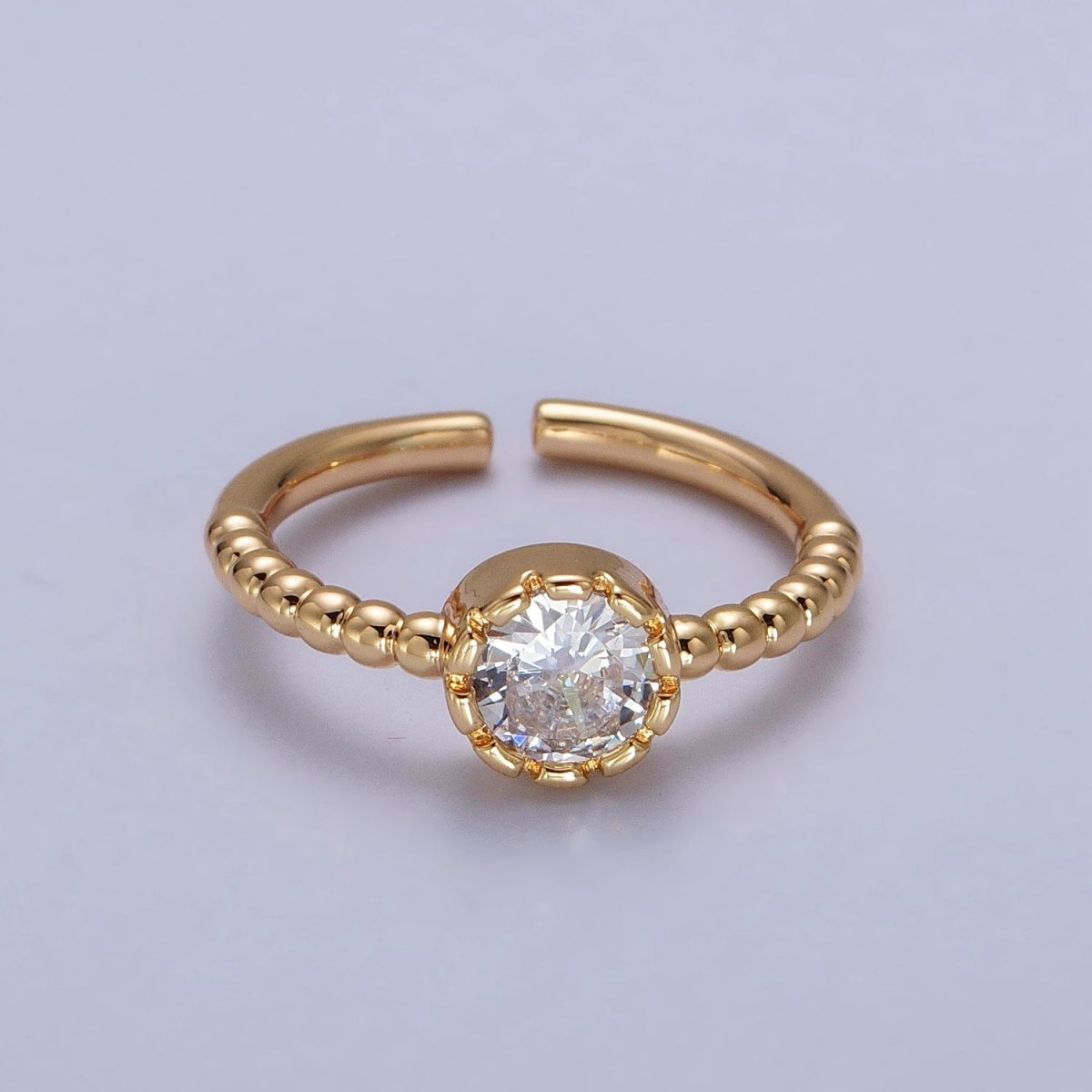 Clear, Green, Red Round CZ Solitaire Beaded Adjustable Gold Ring | O248~O250