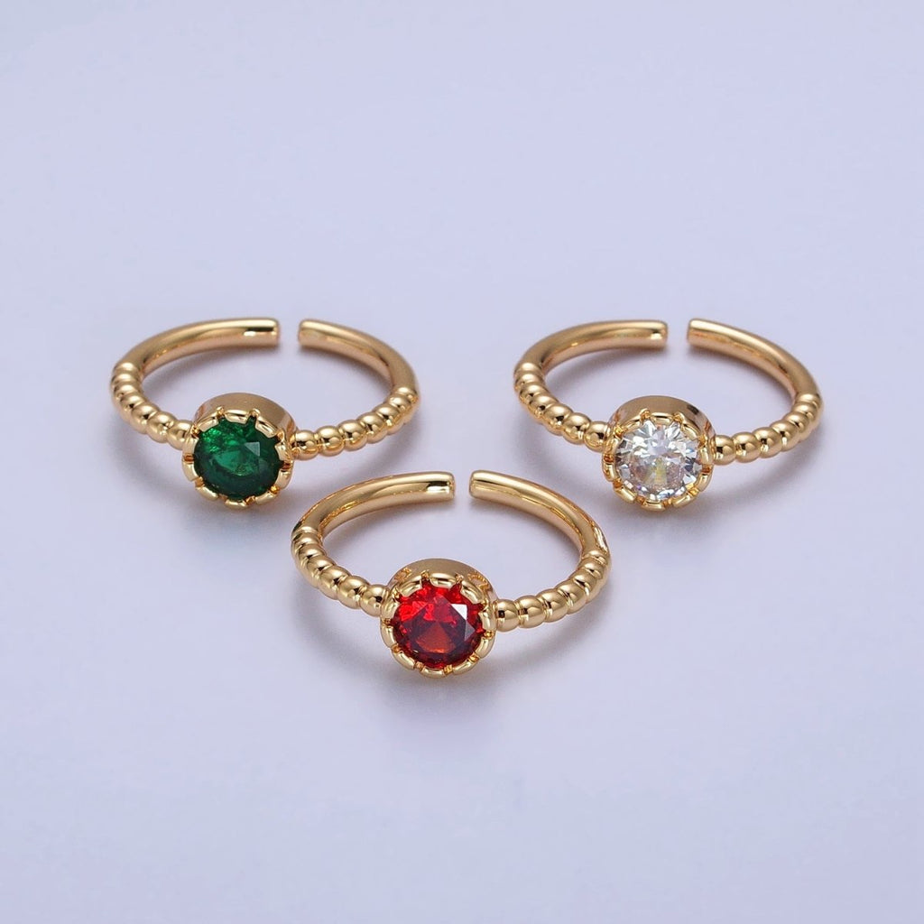 Clear, Green, Red Round CZ Solitaire Beaded Adjustable Gold Ring | O248~O250