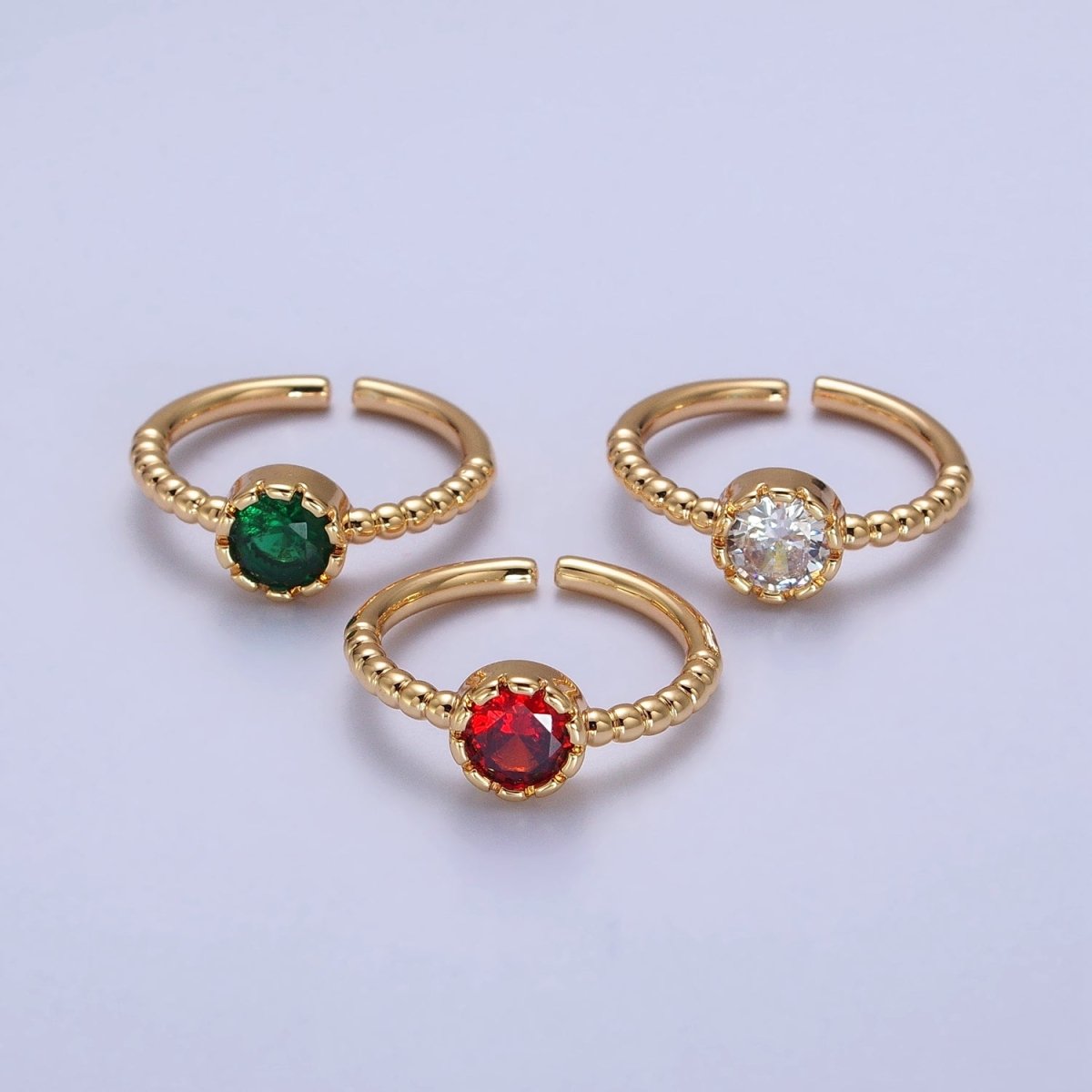 Clear, Green, Red Round CZ Solitaire Beaded Adjustable Gold Ring | O248~O250