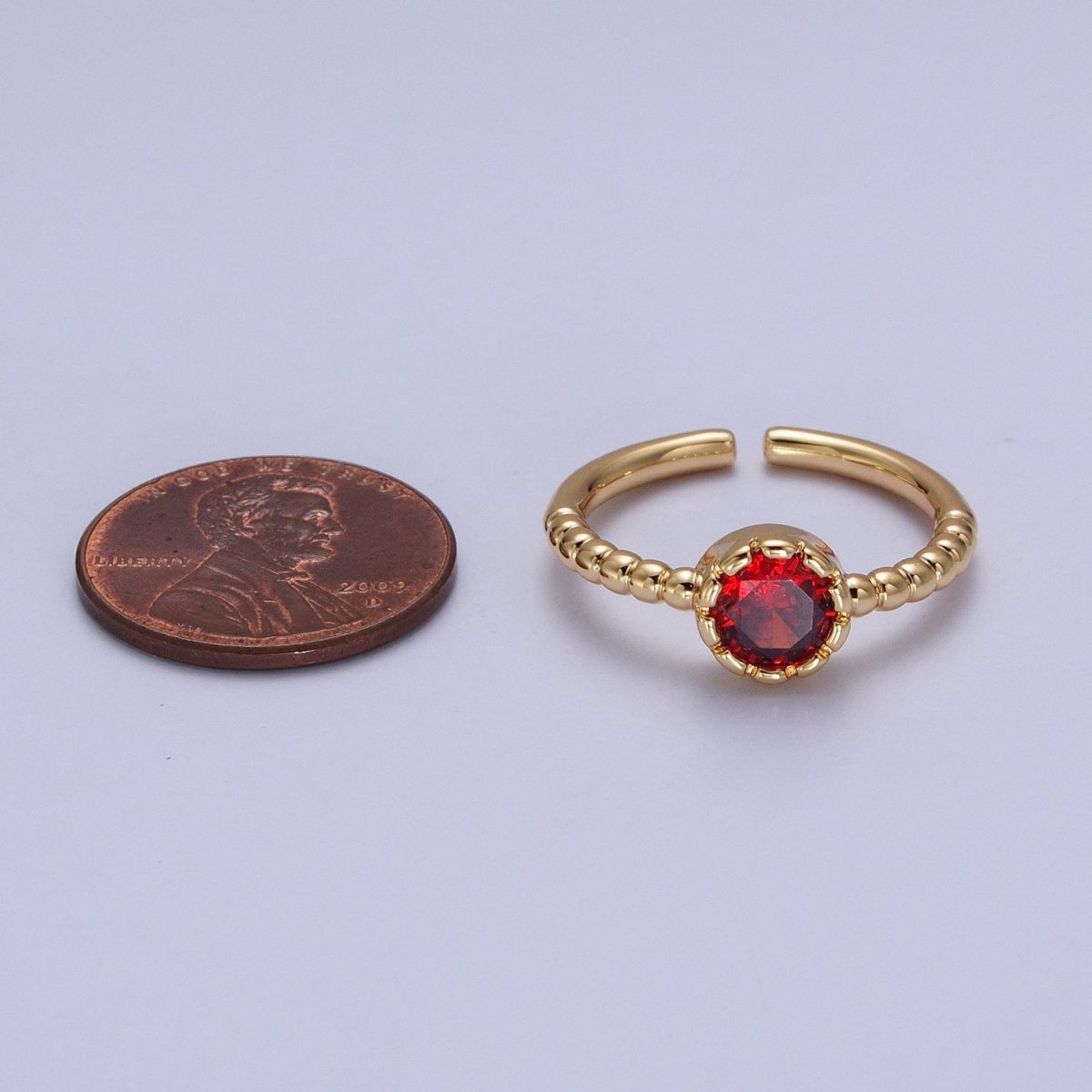 Clear, Green, Red Round CZ Solitaire Beaded Adjustable Gold Ring | O248~O250
