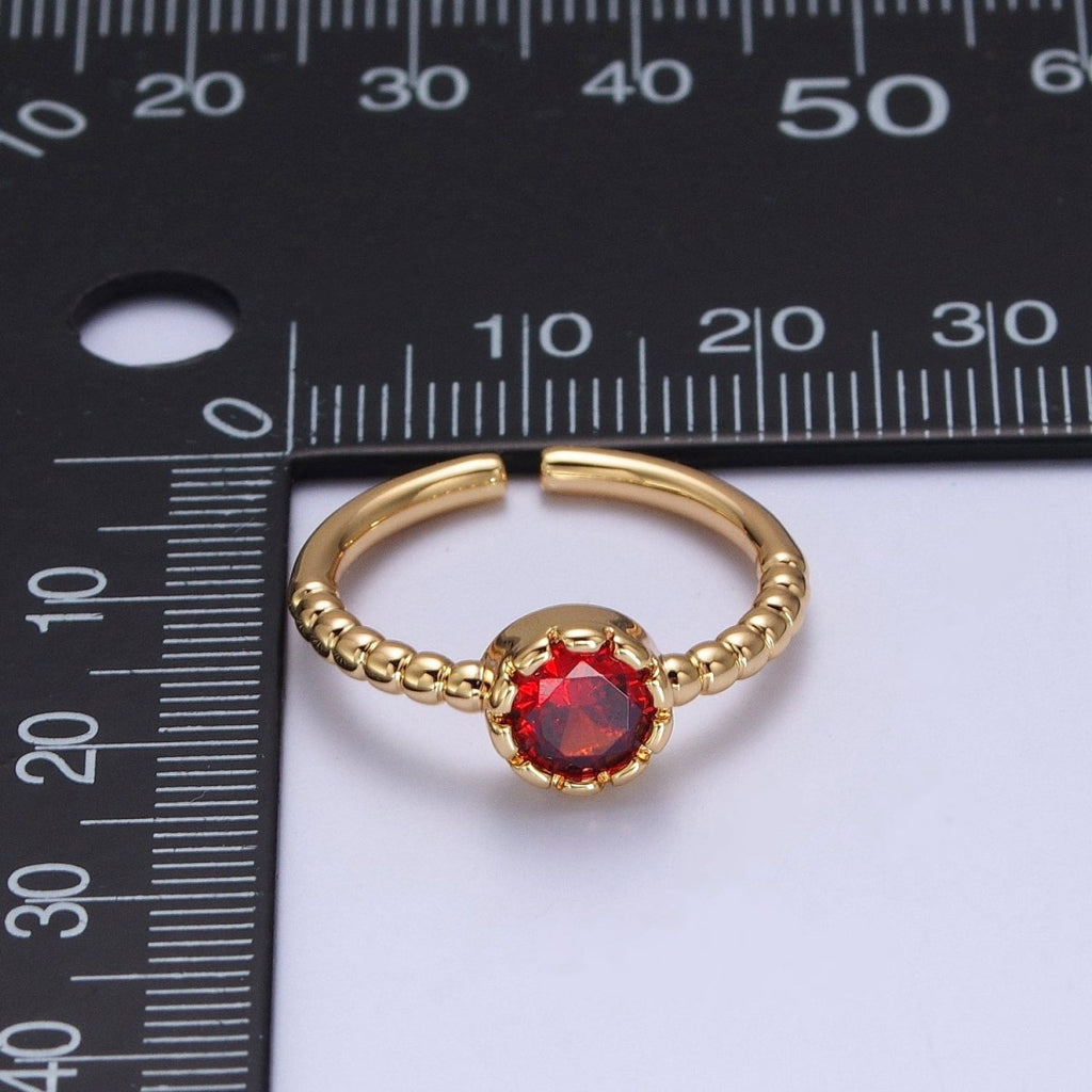 Clear, Green, Red Round CZ Solitaire Beaded Adjustable Gold Ring | O248~O250
