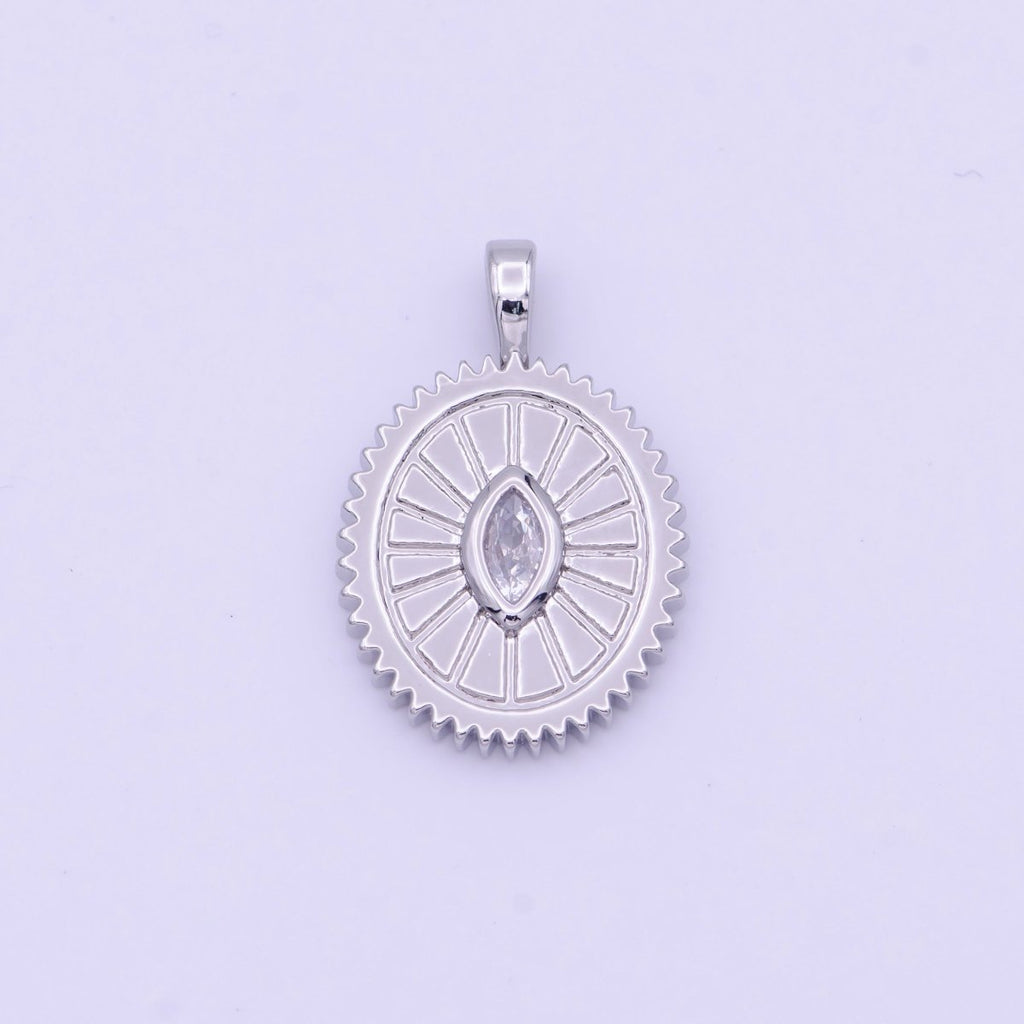 Clear Marquise Cubic Zirconia Textured Sunburst Oval Silver Pendant I-009 - DLUXCA