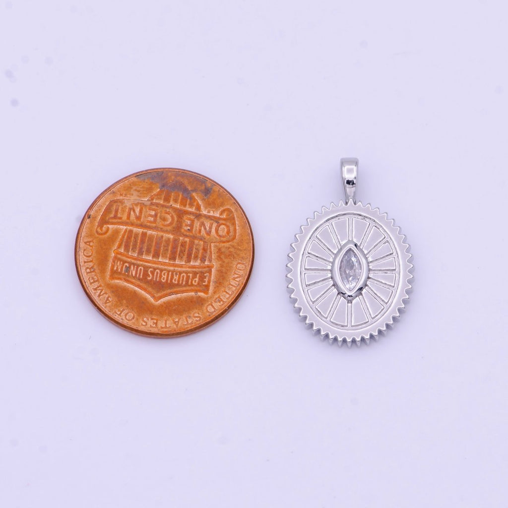 Clear Marquise Cubic Zirconia Textured Sunburst Oval Silver Pendant I-009 - DLUXCA