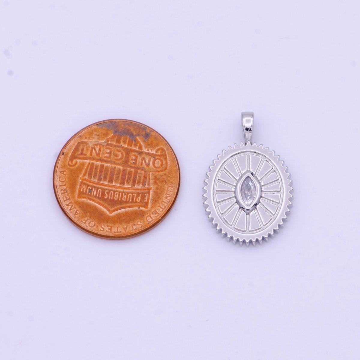 Clear Marquise Cubic Zirconia Textured Sunburst Oval Silver Pendant I-009 - DLUXCA