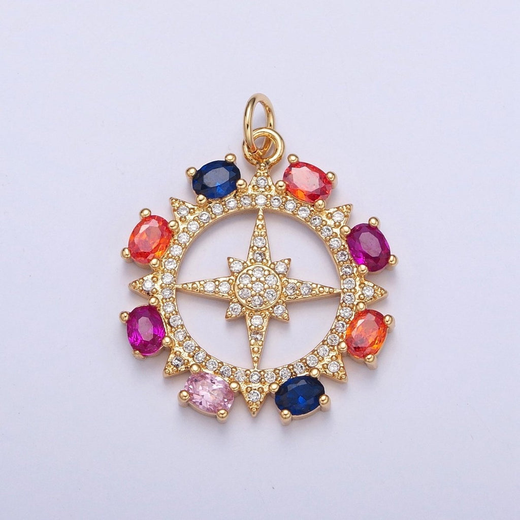 Clear Micro Paved Celestial Sun North Star Rounded Multicolor Oval CZ Medallion Charm | X-108 - DLUXCA
