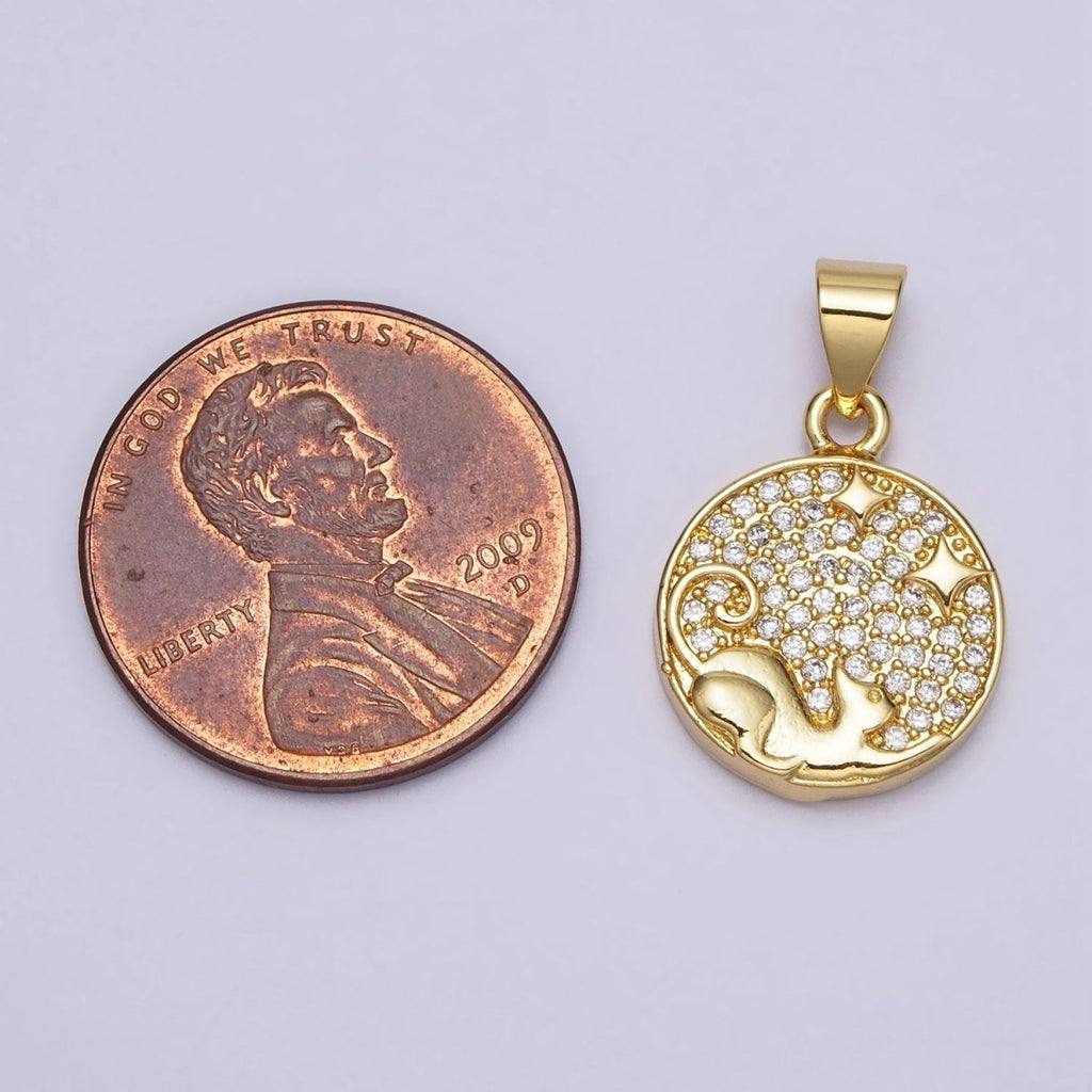 Clear Micro Paved CZ Curling Pet Cat Stars Gold Round Pendant | AA092 - DLUXCA