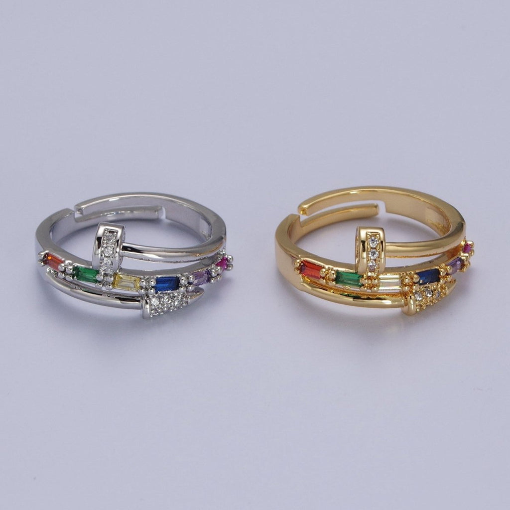 Clear Micro Paved Multicolor Baguette Adjustable Nail Ring in Gold & Silver | O-259 O-260