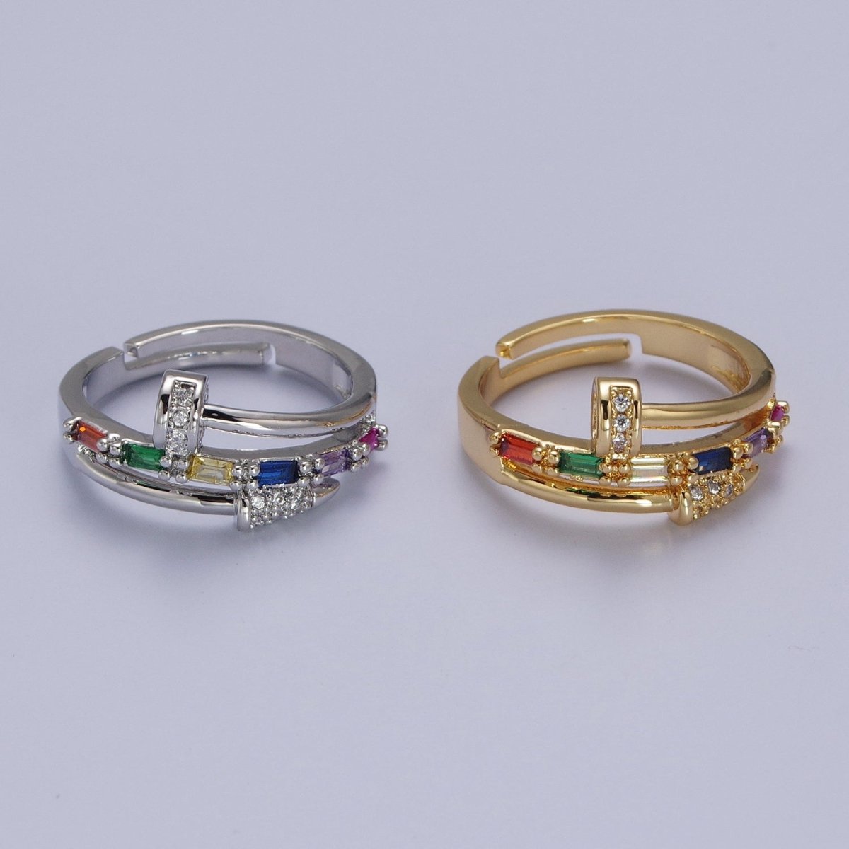 Clear Micro Paved Multicolor Baguette Adjustable Nail Ring in Gold & Silver | O-259 O-260