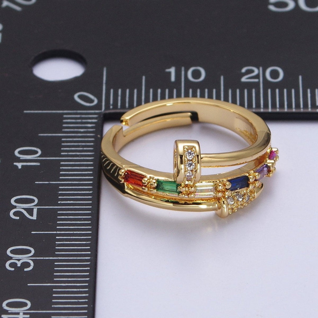 Clear Micro Paved Multicolor Baguette Adjustable Nail Ring in Gold & Silver | O-259 O-260