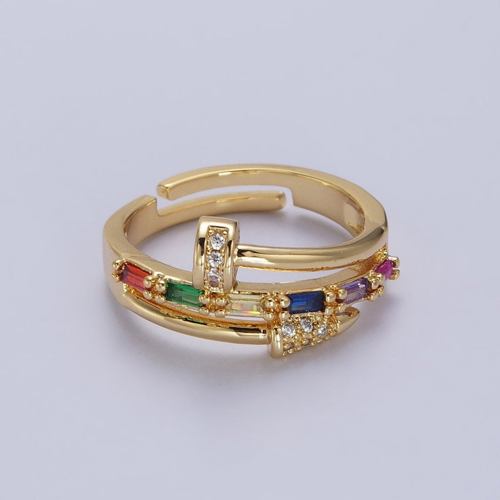 Clear Micro Paved Multicolor Baguette Adjustable Nail Ring in Gold & Silver | O-259 O-260