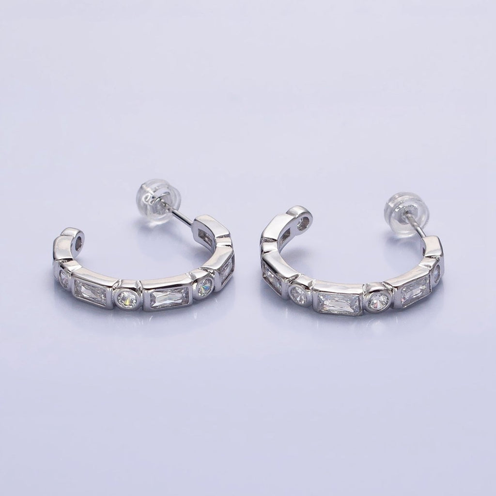 Clear, Multicolor Baguette Round CZ Lined C-Shaped Hoop Earrings | AB807, AB821 AB829