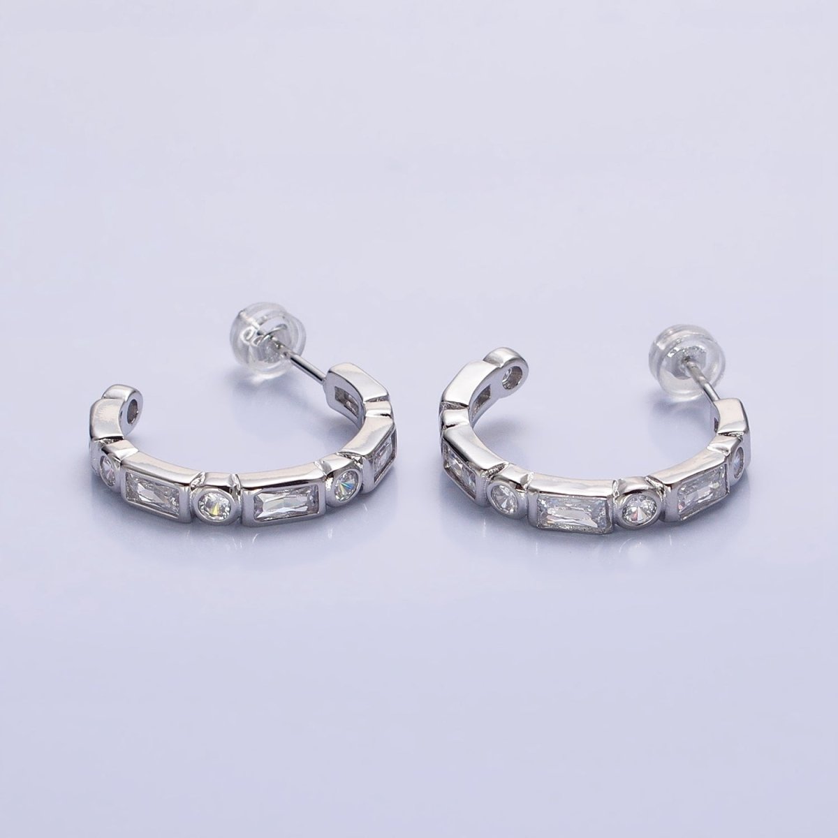 Clear, Multicolor Baguette Round CZ Lined C-Shaped Hoop Earrings | AB807, AB821 AB829