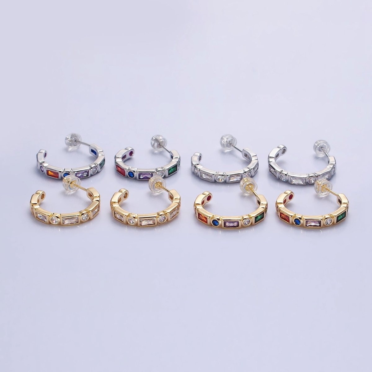 Clear, Multicolor Baguette Round CZ Lined C-Shaped Hoop Earrings | AB807, AB821 AB829