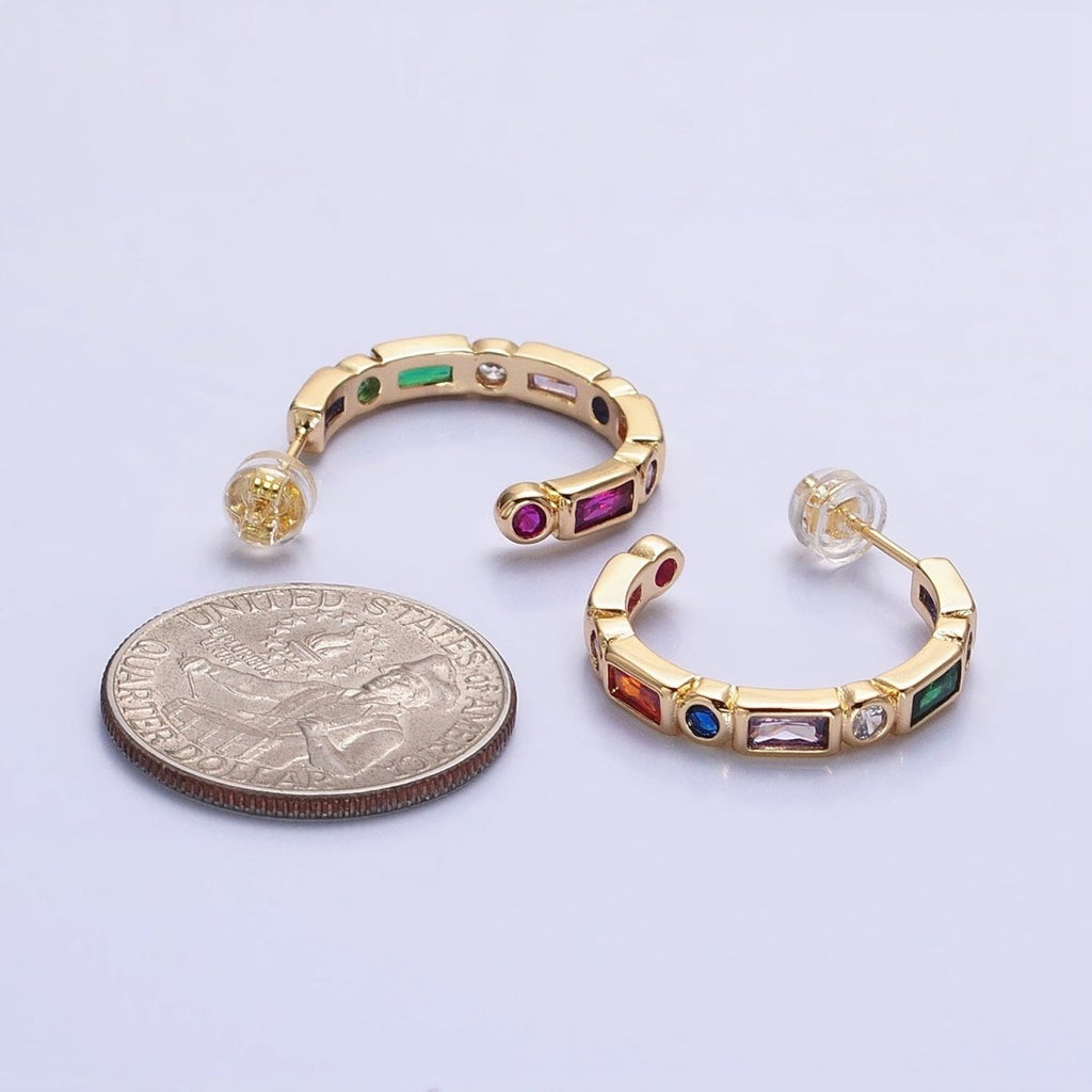 Clear, Multicolor Baguette Round CZ Lined C-Shaped Hoop Earrings | AB807, AB821 AB829
