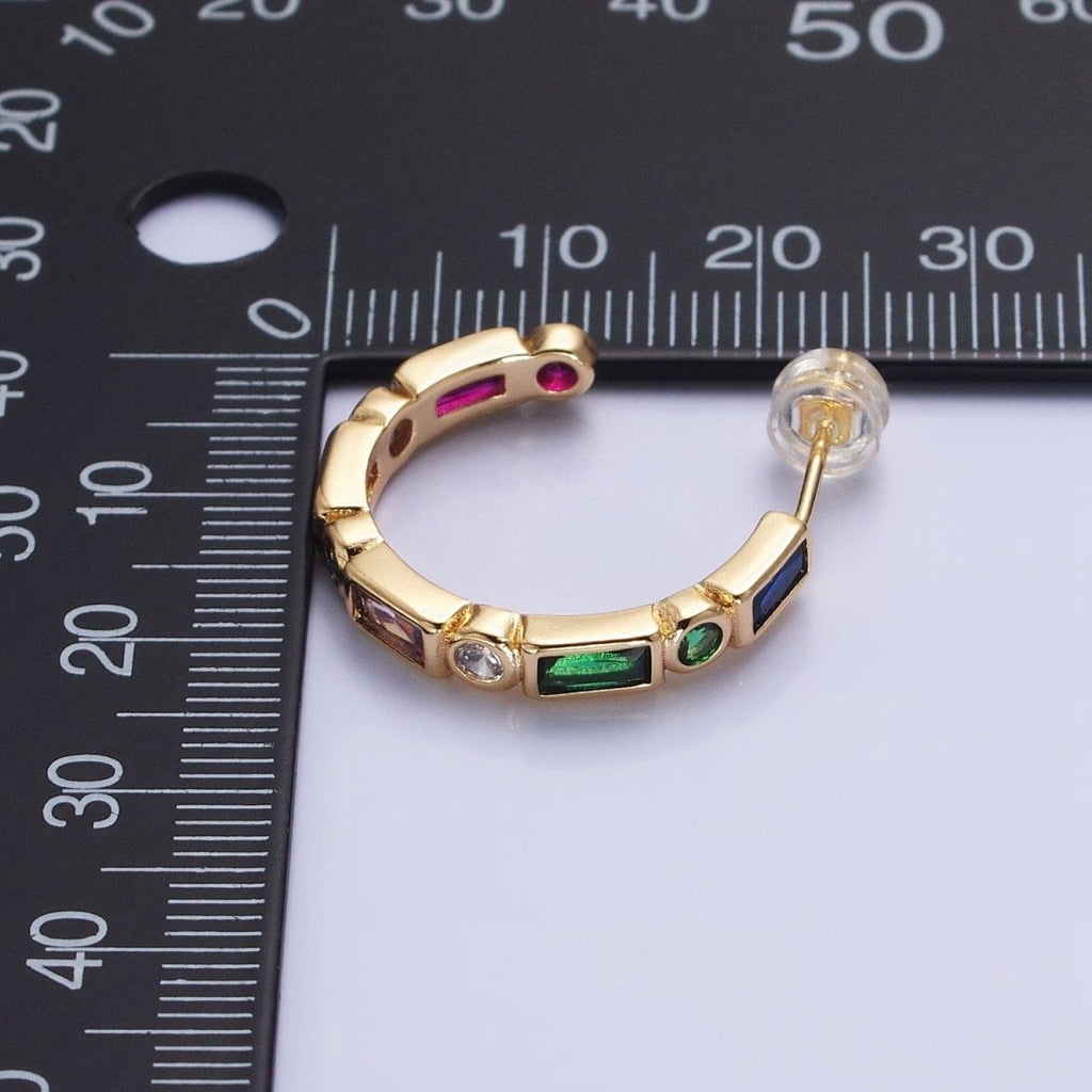 Clear, Multicolor Baguette Round CZ Lined C-Shaped Hoop Earrings | AB807, AB821 AB829
