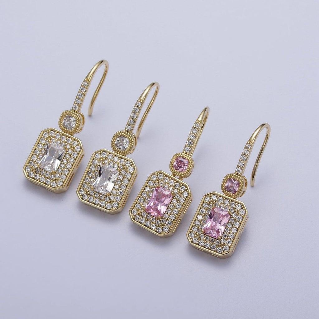 Clear, Pink Baguette Micro Paved CZ Drop Dangle French Hook Earrings | AD-193 AD-194