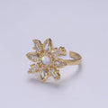 Clear & Rainbow Crystal Zirconia Flower Ring, Dainty Mother Nature 24K Gold plated Adjustable Statement Ring | U-457 U-458