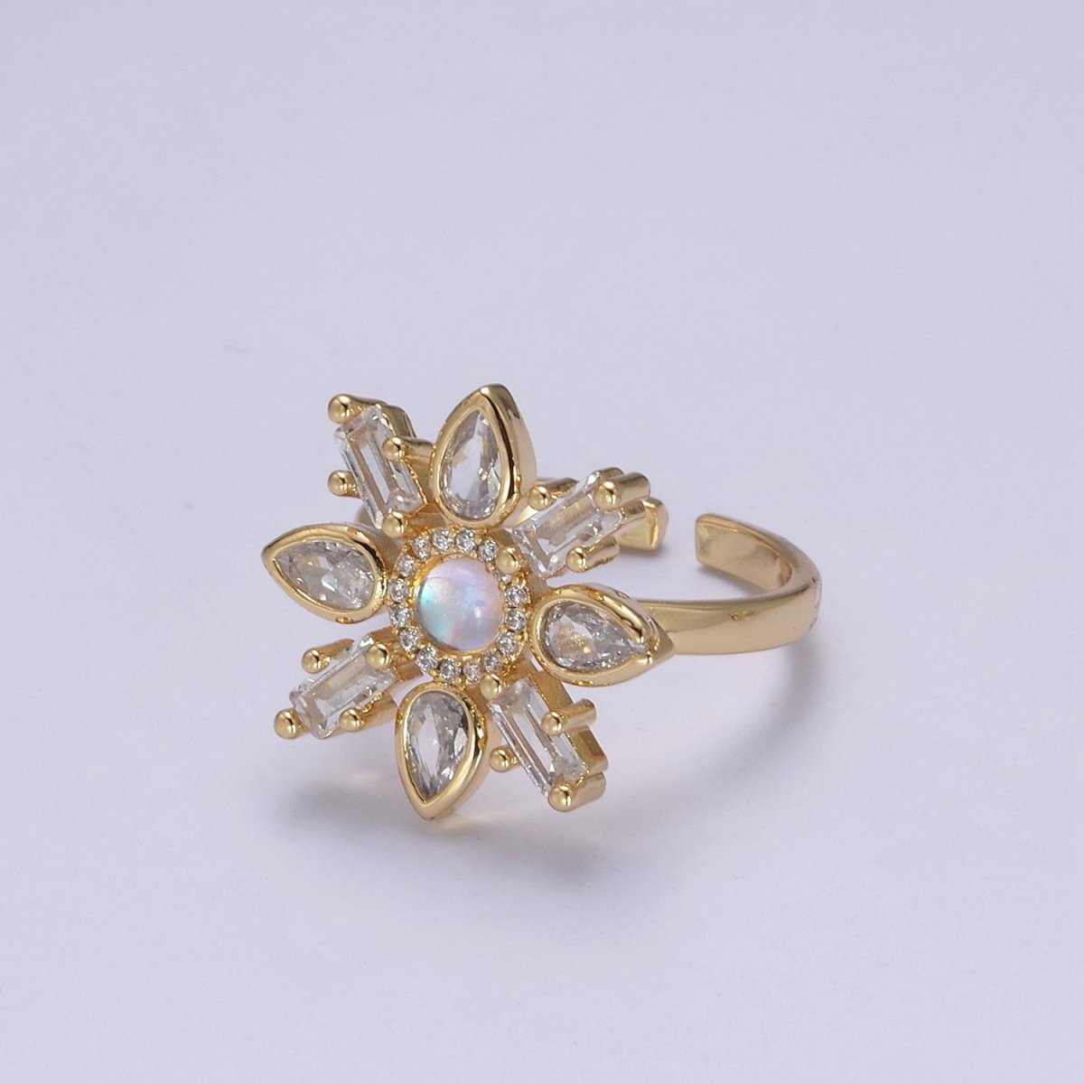 Clear & Rainbow Crystal Zirconia Flower Ring, Dainty Mother Nature 24K Gold plated Adjustable Statement Ring | U-457 U-458