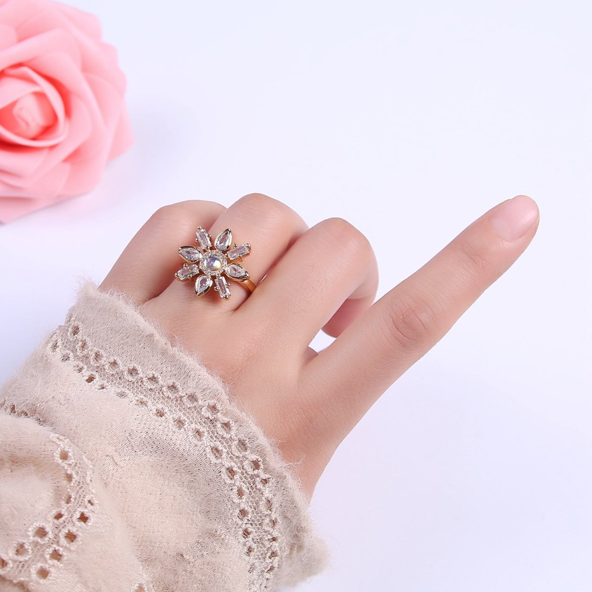 Clear & Rainbow Crystal Zirconia Flower Ring, Dainty Mother Nature 24K Gold plated Adjustable Statement Ring | U-457 U-458