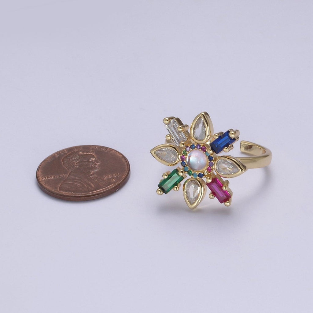 Clear & Rainbow Crystal Zirconia Flower Ring, Dainty Mother Nature 24K Gold plated Adjustable Statement Ring | U-457 U-458